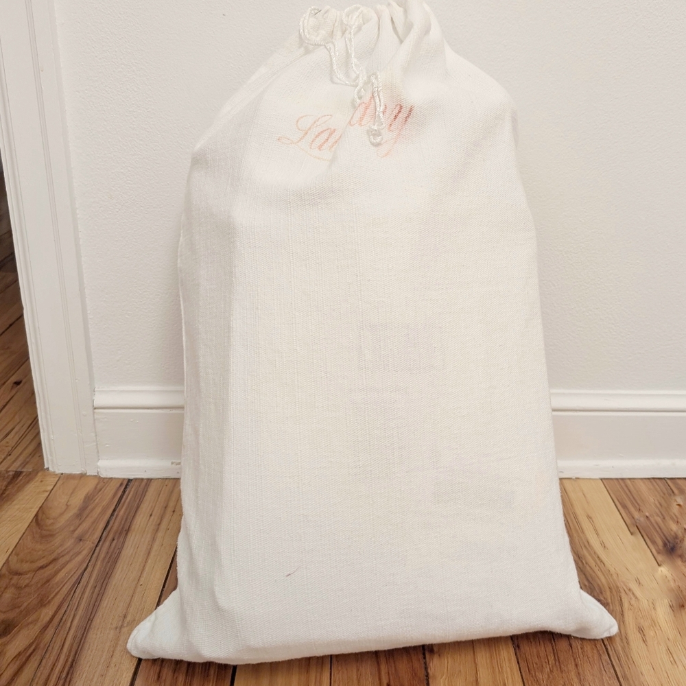 VINTAGE Laundry Bag Cotton Drawstring Old Fashion Shabby Chic White